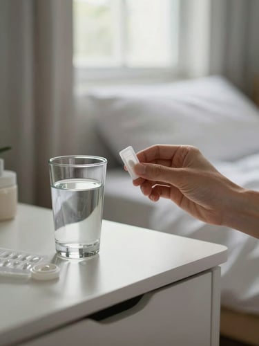 Close intimate frame: a caregiver's hand placing a small pill organiser beside a glass of water on a bedside table, soft north-facing window light, a familiar bedroom in the background, no medical equipment visible