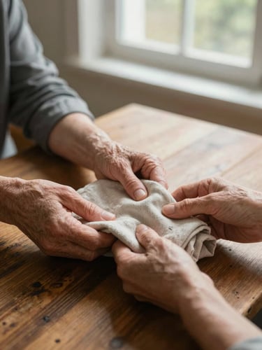 Close and intimate frame of two pairs of hands — an older woman's and a caregiver's — folding a linen cloth together on a worn wooden table, natural north-facing window light, no eye contact with camera, warm and unhurried