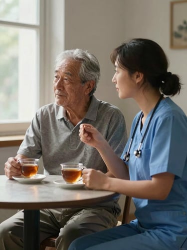 Intimate two-person frame — an older man and a caregiver seated at a small table sharing a cup of tea, both looking at something off-frame together, natural window light from the left, unhurried and genuinely present