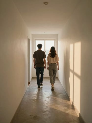 Wide environmental frame — a sunlit bedroom hallway, two figures walking slowly side by side toward a window at the far end, shot from behind, golden afternoon light on pale walls, quiet and unhurried