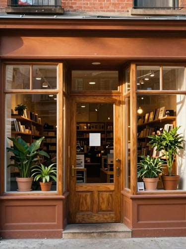 Warm editorial photography of a local Black-owned bookstore storefront in Brooklyn, soft golden hour sunlight illuminating the wooden window frames and potted plants outside, rich terracotta and warm mustard tones, 35mm lens, environmental portrait style with negative space.