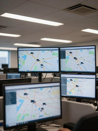 Richmond dispatch office interior, showing multiple large monitors displaying live maps with truck icons and route data, crisp industrial lighting.