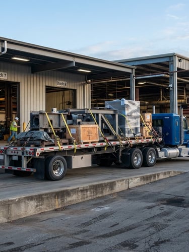 Wide shot of a modern flatbed truck, fully loaded with industrial cargo, parked at a loading dock in crisp morning daylight, ready for immediate dispatch.