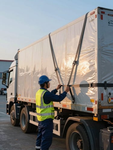 Professional logistics team member in high-visibility gear inspecting secured cargo straps on a flatbed truck at an industrial dock, crisp morning daylight, cool blue and amber tones, sharp focus, portrait aspect.