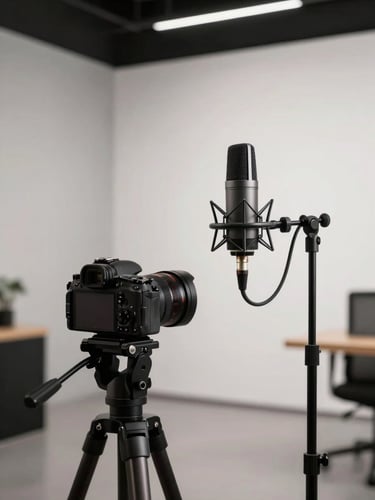 A modern, minimalist creator studio setup with a high-end microphone and camera on a tripod, soft diffused interior lighting, clean architectural lines.