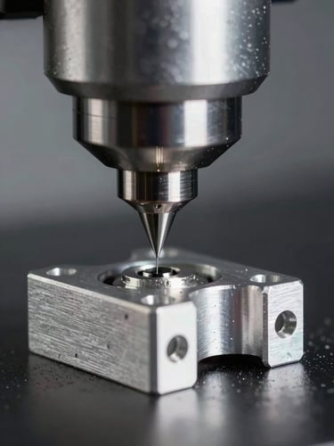 Extreme macro close-up of a CNC milling head cutting a precision aluminum mounting bracket, cool high-contrast industrial studio lighting with sharp metallic highlights, crisp depth of field, silver and black tones.