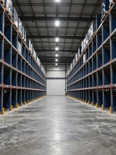 Symmetric architectural view of a vast, immaculate high-bay warehouse, clean concrete floors reflecting soft overhead lighting, organized steel racks, premium industrial aesthetic