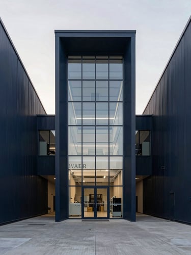 Symmetric architectural view of a modern automated logistics hub, soft morning light, clean lines, premium industrial aesthetic, 35mm