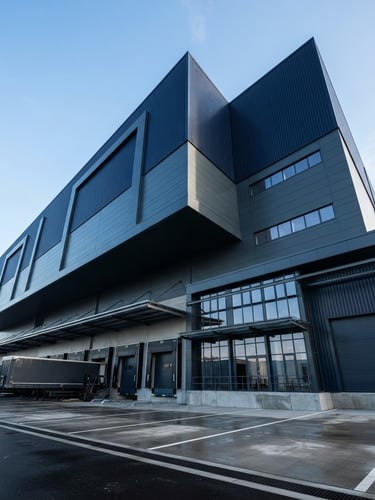 Architectural low-angle shot of a modern, clean logistics hub facade under clear morning light, deep navy and slate tones, premium industrial aesthetic, 35mm