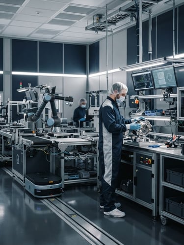 Premium architectural close-up of a high-tech cleanroom logistics facility, clinical lighting, deep navy and slate tones, sharp focus, 35mm