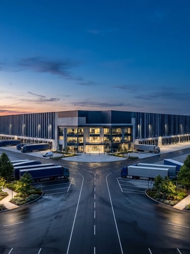 Architectural wide shot of a modern logistics terminal at dawn, clean symmetrical lines, soft morning light, deep blue and slate tones, premium industrial aesthetic