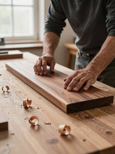 Close three-quarter view of a furniture maker's hands planing the edge of a walnut board on a timber workbench, soft diffuse daylight from a high window, wood shavings curling onto the bench surface, grain detail sharp in foreground