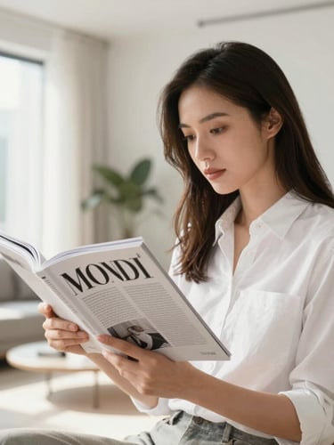 A vertical portrait of an elegant woman reading a high-quality printed magazine in a sunlit apartment, focus on the clean typography of the pages, soft natural lighting, editorial lifestyle photography