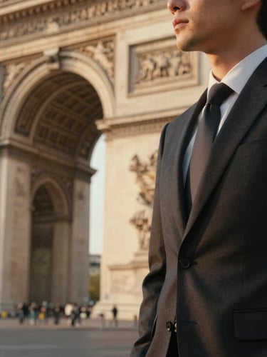 Cinematic close-up of a discreet professional in a dark tailored suit standing near a historic stone archway in Paris, soft golden evening light, shallow depth of field, quiet luxury atmosphere.