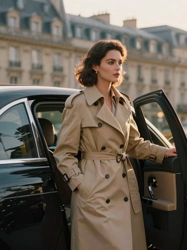 Cinematic medium shot of an elegant woman in a beige trench coat stepping out of a sleek black luxury sedan in Paris, golden hour light, soft focus on historic Haussmann buildings in the background, 35mm film style.