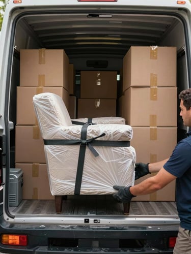 Ground-level view of a mover's gloved hands securing a wrapped armchair with heavy-duty straps inside a packed moving truck, organized boxes stacked in rows behind, natural daylight streaming through the truck's open rear doors