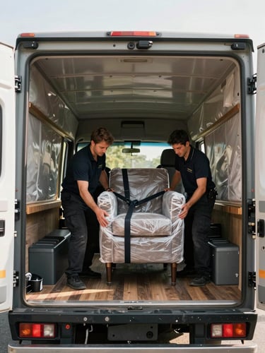 Wide environmental shot inside a moving truck, a crew member securing a wrapped armchair with straps against padded walls, natural daylight streaming through the open rear doors, wooden floor of truck visible, organized and methodical