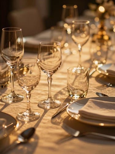 Extreme close-up of luxurious table settings under warm golden hour light, crystal glassware reflecting amber neon highlights, deep shadows, luxury editorial style.