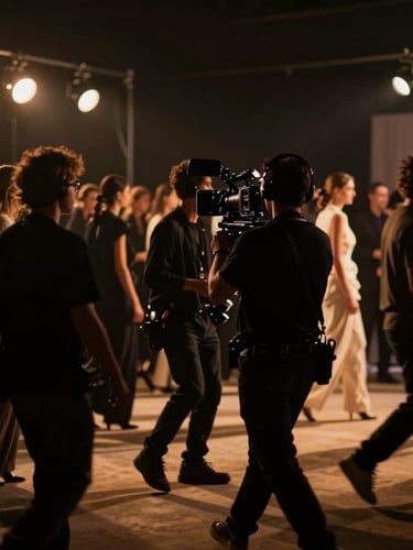 Cinematic behind-the-scenes shot of a professional camera operator tracking through a high-fashion crowd in motion, deep shadows, warm amber spotlights, luxury editorial style.
