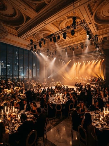 Anamorphic wide-angle shot of a grand ballroom setup in Dubai, dramatic golden lighting rigs casting warm amber beams through light haze, high-contrast shadows, luxury editorial style.