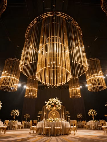 Dramatic low-angle shot of a grand ballroom setup in Dubai, massive golden lighting rigs hanging from high ceilings, opulent floral centerpieces, anamorphic lens flare.