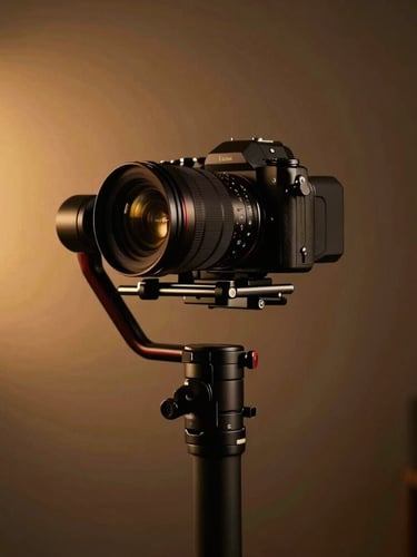 Dramatic portrait of a high-end film camera rigged on a stabilizer, warm amber event lighting reflecting off the lens, deep shadows, luxury editorial