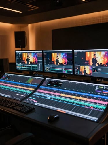 Close-up of a high-end digital editing suite in a dark studio, glowing monitors showing vibrant event footage, warm ambient backlighting, luxury post-production environment.