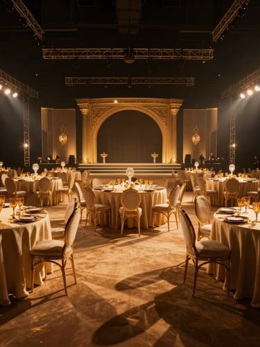 Ultra-wide cinematic shot of a grand ballroom setup in Dubai, dramatic golden lighting rigs casting long shadows, luxury table settings with amber crystal glassware, anamorphic lens flare.