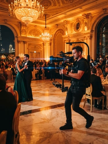 Cinematic camera operator with anamorphic lens tracking through a grand, gold-lit ballroom in Dubai, dramatic shadows, warm amber highlights, luxury editorial style