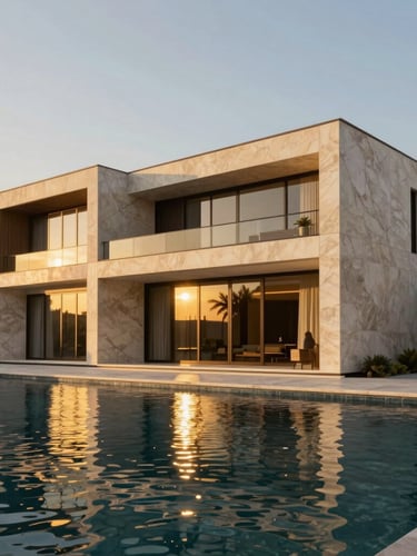 Cinematic architectural rendering of a luxury modern villa in Dubai, golden hour sunlight reflecting off travertine facades and water, sharp detail