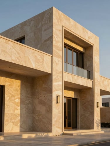 Cinematic architectural photograph of a modern travertine villa facade in Dubai, warm golden-hour sunlight casting deep geometric shadows, sharp architectural detail, wide-angle lens