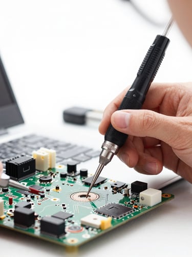 Macro close-up of a professional technician soldering a Windows laptop motherboard under bright high-key laboratory studio lighting, precision tools visible, sharp focus
