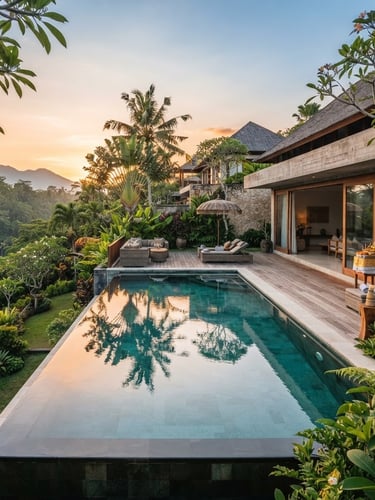 Warm editorial architectural photography of a modern luxury villa in Bali, clean concrete and warm teak wood, golden hour light reflecting on a pristine infinity pool, lush manicured tropical gardens.