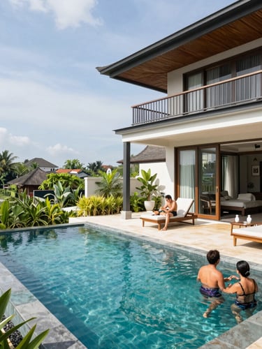 Warm editorial architectural photography of a modern luxury villa in Bali, clean concrete and warm teak wood, golden hour light reflecting on a pristine infinity pool, lush manicured tropical gardens.