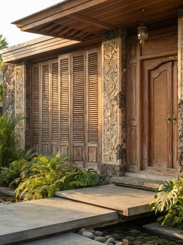 Architectural close-up of a modern luxury villa facade in Bali, showcasing premium teak wood panels and hand-carved local stone under soft morning light.