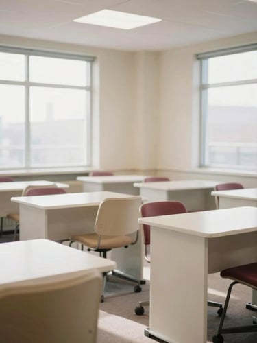 Elegant empty training room with clean white desks, soft beige chairs, bright natural daylight streaming through large windows, 35mm editorial photography