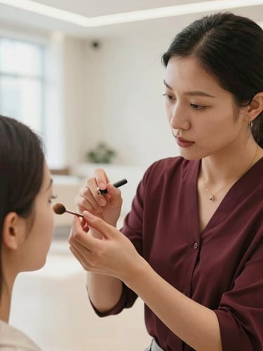 A close-up of a professional beauty mentoring session, a tutor guiding a student's hands-on technique, diffused bright daylight, clean modern academy interior, 35mm