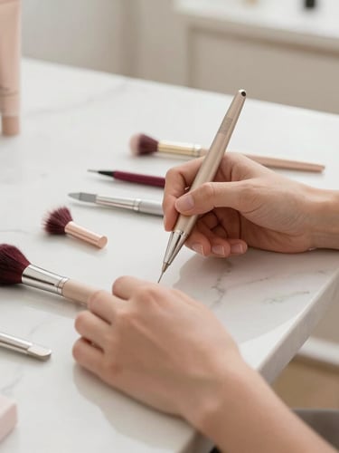 Close-up detail of hands-on teaching, modern beauty tools on a clean marble surface, bright natural daylight, elegant editorial photography