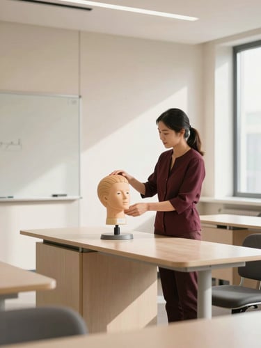 A bright, modern training academy classroom with a tutor demonstrating on a mannequin head, soft natural daylight, elegant beige tones, 35mm