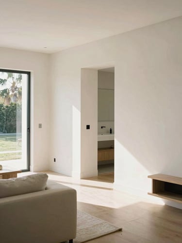 Bright sun-drenched Southern California home interior, clean modern living room with pristine plaster walls and architectural details, warm afternoon light, 35mm photography