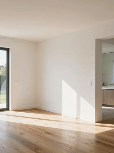 A bright, sun-drenched Southern California home interior with immaculate white walls, warm oak floors, and clean architectural lines, wide-angle 35mm photography.