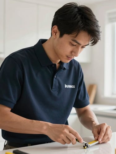 A clean-cut, professional technician in a neat branded navy polo shirt using precise measuring tools inside a bright modern kitchen, warm daylight, close-up.