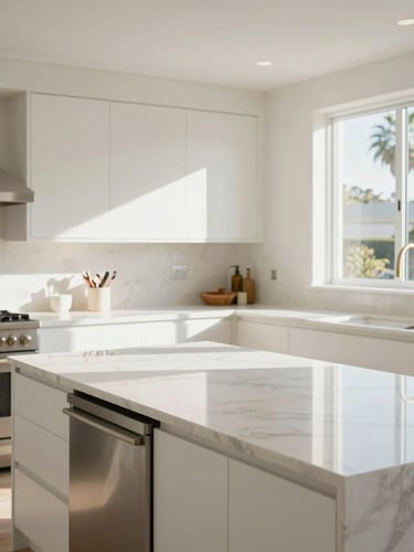 Bright sun-drenched Southern California kitchen interior, immaculate white marble countertops, warm daylight spilling across clean modern spaces, 35mm photography