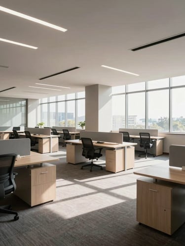 Wide-angle environmental shot of a sprawling corporate office floor in Gachibowli with linear modular workstations, clean daylight streaming through large windows, and sharp architectural angles.
