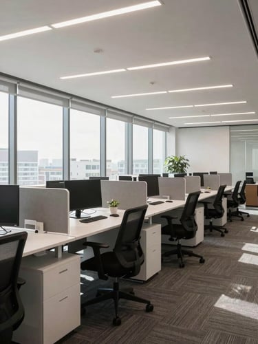Wide-angle environmental shot of a completed corporate office floor in HITEC City, Hyderabad. Bright natural daylight streaming through large windows, modern modular workstations neatly aligned, commercial-grade ergonomic mesh chairs, clean corporate aesthetic.