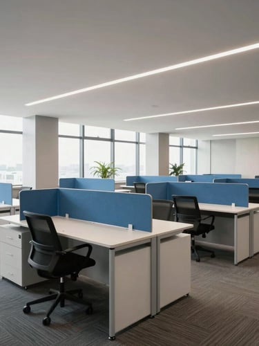 Wide-angle photograph of a completed corporate office floor in Hyderabad, rows of modern linear workstations with blue acoustic screens, bright natural daylight, clean composition.