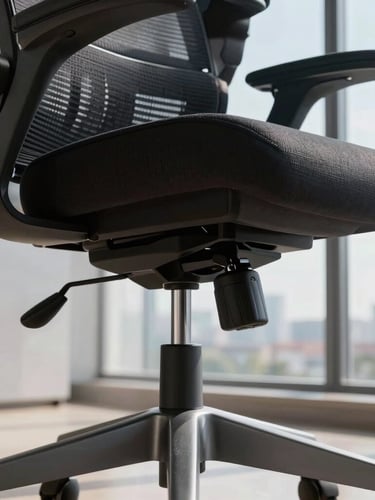 A close-up macro shot of a premium ergonomic office chair's synchro-tilt mechanism and brushed steel base, bright daylight streaming from a high-rise office window in Gachibowli, Hyderabad.