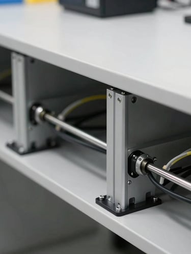 Macro shot of heavy-duty modular workstation joints and neat under-desk wire management, bright commercial workspace lighting.