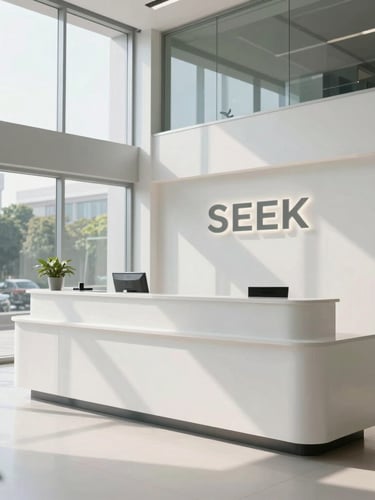 Sleek, pristine pharmaceutical corporate office lobby in Hyderabad, minimalist white executive reception desk, heavy-duty build, daylight streaming through large glass windows.