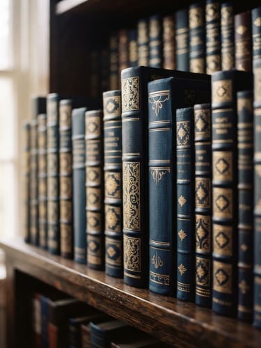 Close-up of elegant, heavy-stock book spines on a dark oak shelf, soft side window light, warm editorial tones, shallow depth of field, 35mm